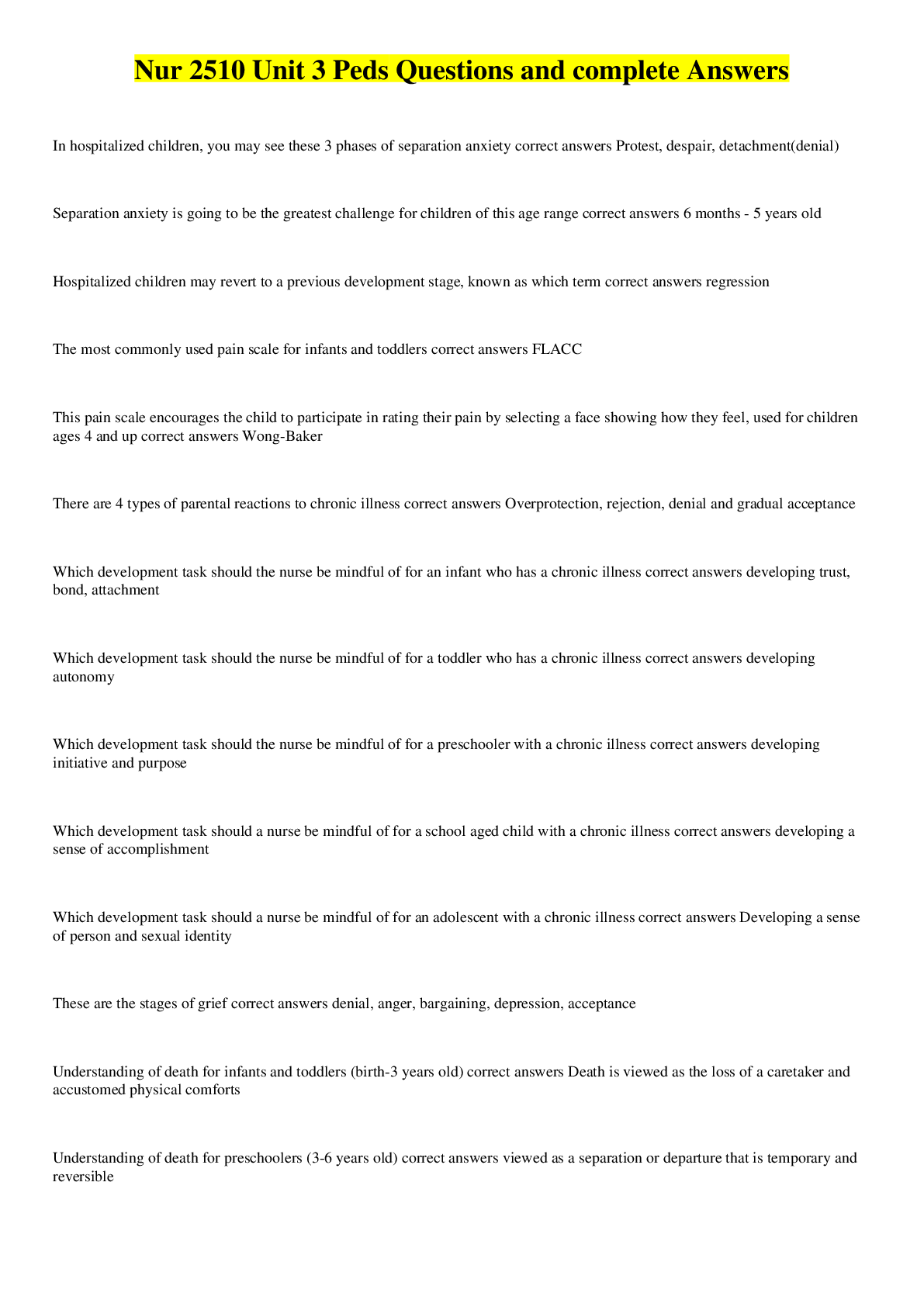 Preview image for Nur 2510 Unit 3 Peds Questions and complete Answers